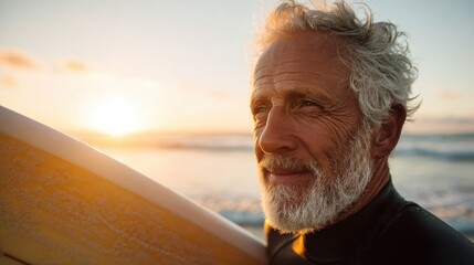 happy senior surfer holding surf board on the beach at sunset focus on face no logos no brands ar 169