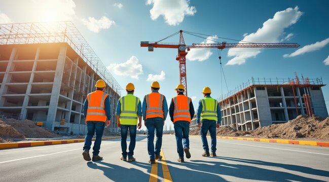 Construction team walking away, a group of five workers walk away from a large construction site with a red crane, symbolizing successful project completion and a unified professional team.
