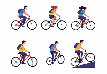 Diverse individuals riding bicycles, showcasing active lifestyles and eco-friendly urban transportation in a flat vector illustration style.