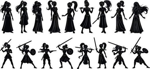 Obraz premium Silhouette set of fantasy warrior and princess women characters, female fighters with swords, elegant poses, perfect for game design, comics, or animation
