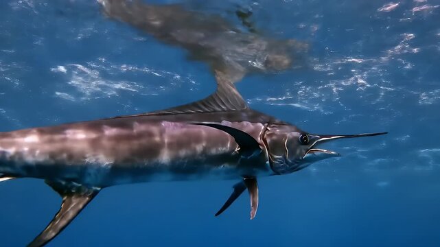 Underwater Marlin Swimming In Blue Ocean Water