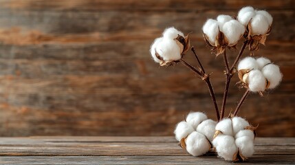 Fluffy white cotton bolls on rustic wooden planks