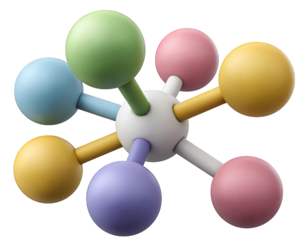 Colorful molecule model with six round atoms connected to central sphere, representing scientific structure, chemistry, and playful learning concept