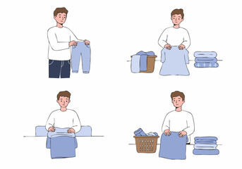 Young man demonstrating how to properly fold laundry items, organizing clean clothes in a neat stack.