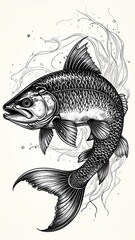 Dynamic Black and White Illustration of a Fish Swimming Gracefully in Ocean Waves