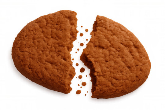 Oatmeal cookie breaking, scattering crumbs against transparent backdrop, highlighting baked goodness for culinary design needs