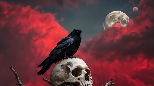 Raven Perched on Skull Under Blood Red Sky with Two Moons in Video
