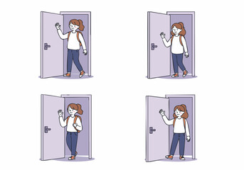 Smiling young woman with a backpack waves goodbye while stepping through an open door, a cheerful illustration of departure or new beginnings.