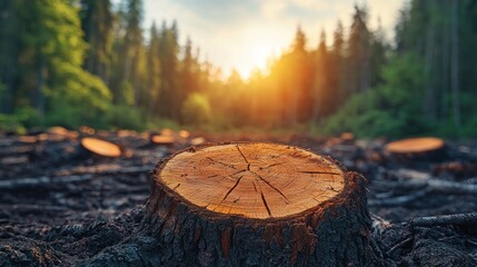 Forest clearing.  Tree stumps litter a charred landscape. Sunlight streams through the trees in the background