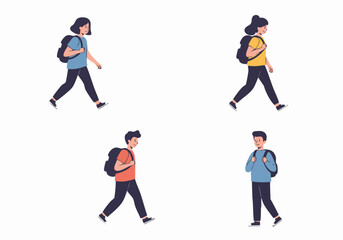 Obraz premium Diverse group of young individuals walking with backpacks, ready for school or adventure – flat illustration.