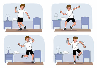 Happy young boy dancing and exercising vigorously in his bedroom, enjoying an active morning routine or energetic playtime indoors.