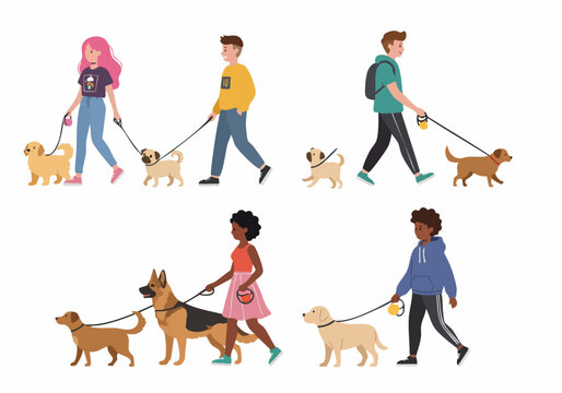 Collection of diverse individuals walking different dog breeds, illustrating pet care and daily outdoor activities in a simple vector style.