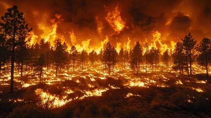 Forest engulfed in raging wildfire