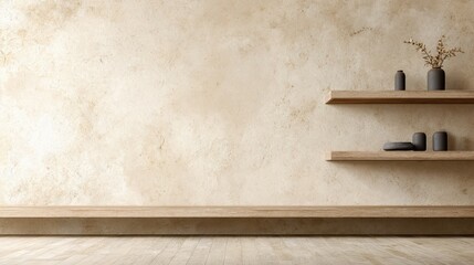 Minimalist beige room with wooden shelves