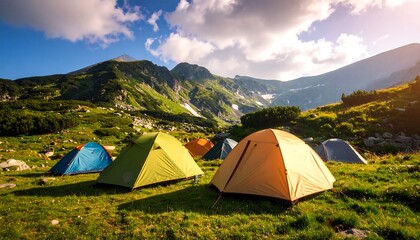 Mountain serenity camping retreat: colorful tents nestled in lush green landscape