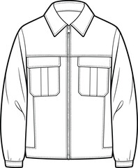 Cad drawing flat vector illustration, front zip jacket, fashion technical sketch, outerwear design, garment blueprint, stylish pocket detail