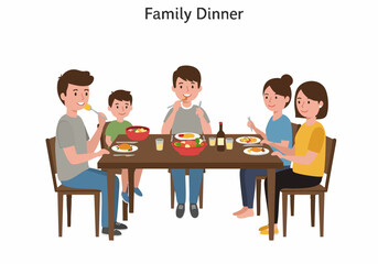Illustration of a joyful family sharing a delicious dinner around the table, embodying togetherness and home comfort.