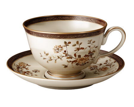Vintage tea cup with floral print, elegant porcelain cup and saucer, classic kitchenware, ornate brown and gold trim, delicate ceramic, nostalgic and refined style - Powered by Adobe