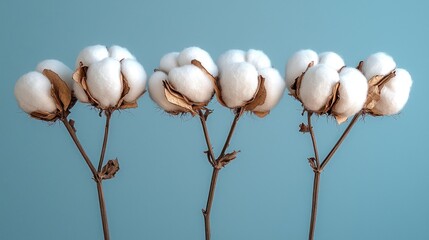 Four cotton bolls against a light teal background