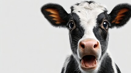 Cow with raised brows in confused pose under bright light for humorous dairy-themed content Image 4K UHD