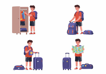 Young man's travel preparations: packing clothes, organizing luggage, and checking a map for his next adventure.