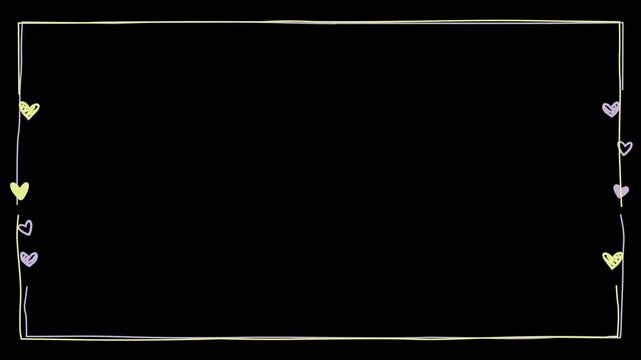 Animated frame with dancing pastel pink, yellow and purple hearts along white curvy lines on a black background
