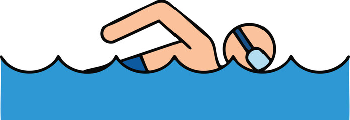 Stylized vector illustration of a person swimming the front crawl. Icon representing a swimmer, aquatic sports, and physical fitness in the water.