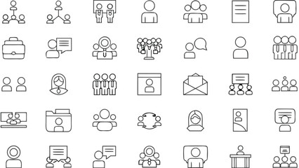 Thin line business icons set of communication, meetings, teamwork, management, and corporate organization for office and creative projects