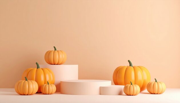 Autumn harvest scene featuring pumpkins on display minimalist studio setting decorative arrangement soft color palette
