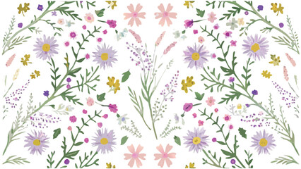 Seamless floral pattern with pastel wildflowers, botanical watercolor design for fabric, wallpaper, wrapping paper, and decorative art
