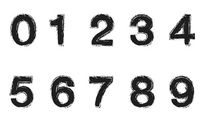 Hand drawn grunge vector numbers. Dirty textured font. Black ink characters isolated on white background. Dirty painted numbers set. Dry brush texture. Typography vector elements. Vector background .