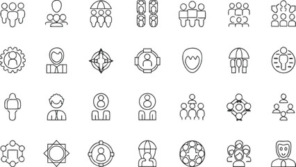 Minimalist teamwork and community icons set, outline style people connection, group collaboration, network symbols for web, apps, and design