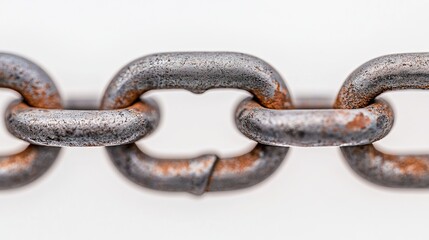 Obraz premium Chain link detail with shallow depth of field, focus on one hook while the rest blurs into the white background, evoking craftsmanship and strength