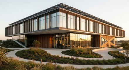 Modern architectural building with glass facade and contemporary design in an urban environment