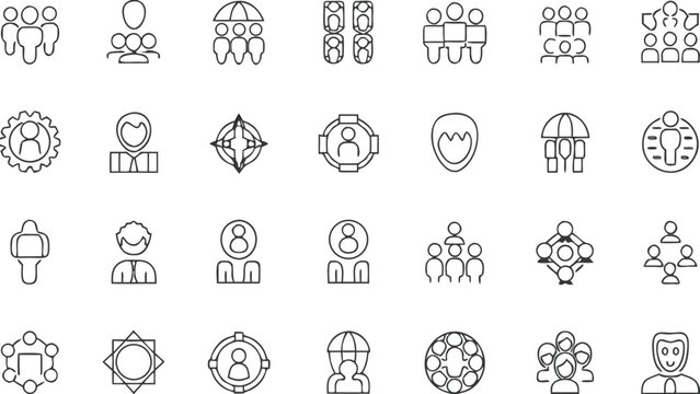 Minimalist teamwork and community icons set, outline style people connection, group collaboration, network symbols for web, apps, and design