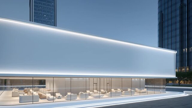 A future high-tech CBD building white advertising light box with rounded corners on the top