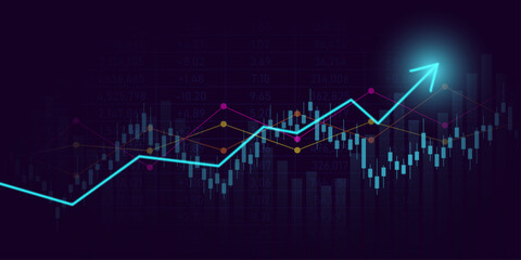 technology financial graph with uptrend line arrow and bar chart of stock market on blue color background