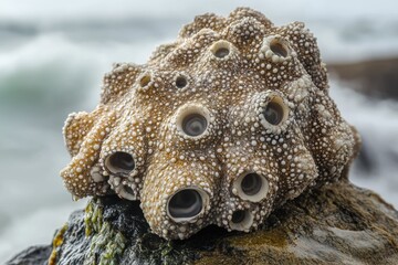 Obraz premium A close-up of a barnacle cluster attached to a dark rock near the ocean.