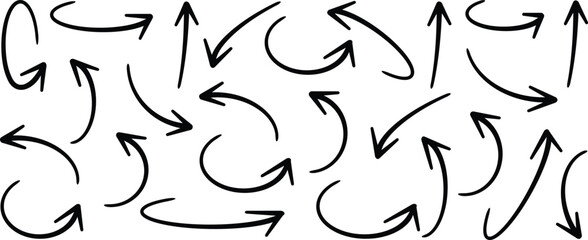 Set of hand drawn arrow vector icons. Simple lines hand drawn black arrows in various style. Set of simple of hand drawn black arrows. Black hand-drawn arrow signs or symbols. Black hand drawn arrow