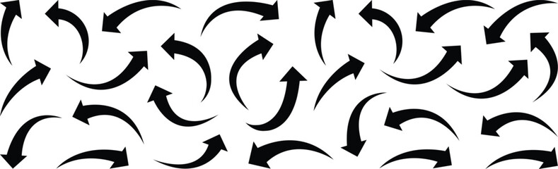 Set of black curved arrows isolated on white background. Arrow. Cursor. Curved arrows, hand drawn curved arrows. Curved arrows collection