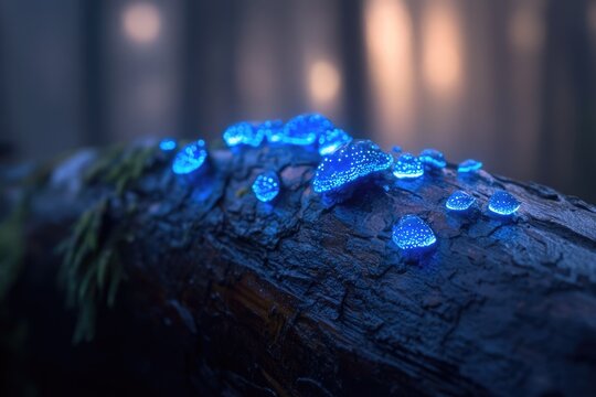 Glowing blue mushrooms illuminate a dark forest log, a magical scene of nature's bioluminescence.