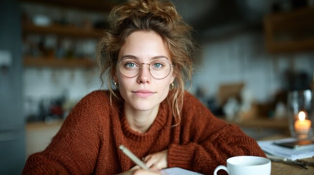 A thoughtful young woman with glasses and a bun is seated in a cozy workspace, focused on writing in her notebook as warm and inviting light sets a creative atmosphere.