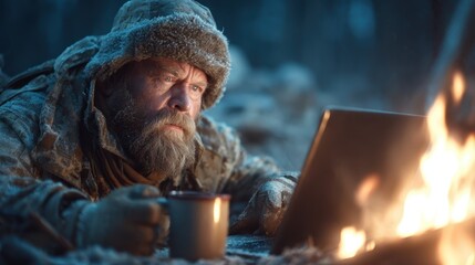 A rugged man in winter gear, with a thick beard, sits near a fire, focused on his laptop, blending technology and nature in a serene and harsh environment.