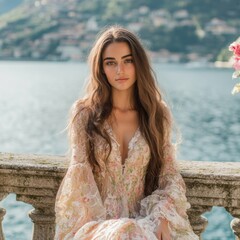A serene moment captured by the lakeside as a young woman in a delicate light-colored dress gazes thoughtfully at the tranquil waters surrounded by enchanting landscapes
