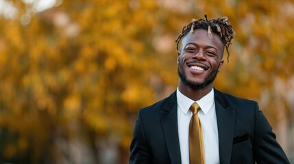 A charismatic young man smiles confidently in a stylish black suit and tie, set against a vibrant autumn background filled with beautiful yellow leaves, embodying success.