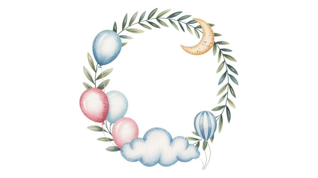 Watercolor wreath with balloons cloud and moon for baby shower invitation - Powered by Adobe