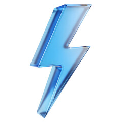 3D Render of Blue Glass Lightning Bolt, Transparent Energy Symbol, Power Icon, Electric Discharge Sign, Transparent Design, Blue strike