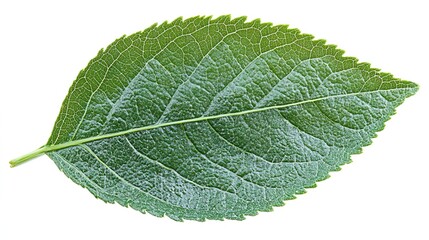 Obraz premium Single Green Leaf with Visible Veins and Textured Surface on White Background 