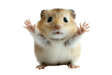 Cute small furry hamster with raised paws against a white background.