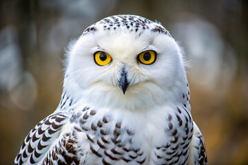 Majestic snowy owl with intense yellow eyes in close up portrait